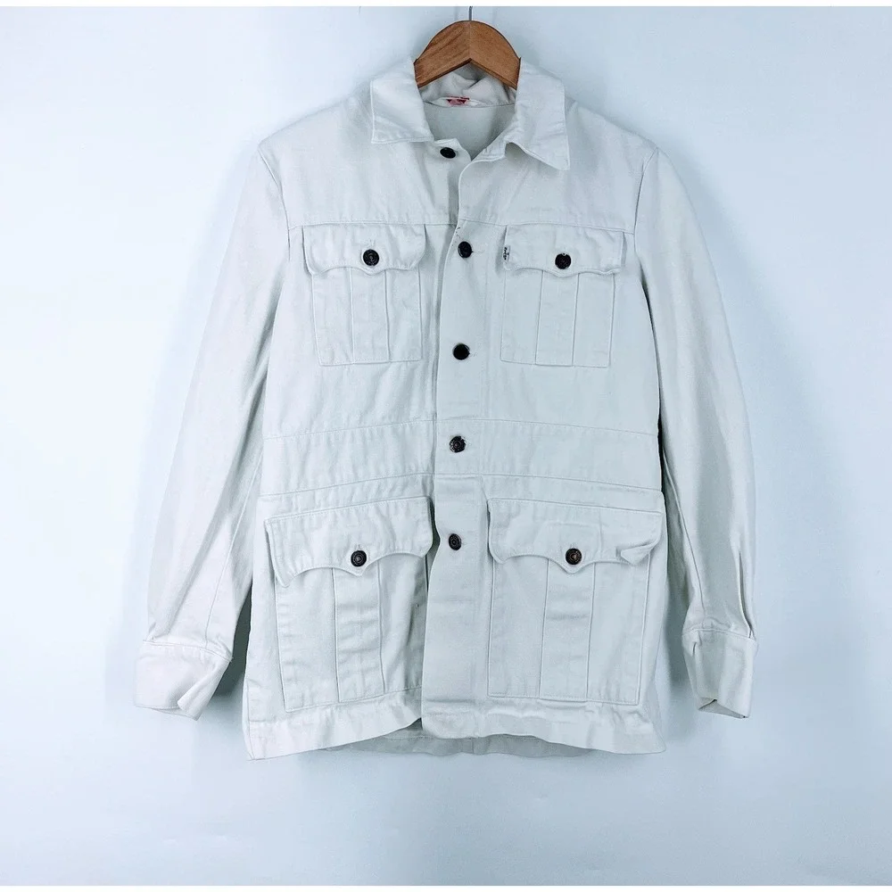 Levis Mens White Denim Vintage Field Jacket Utility Chore Coat 4-Pocket Size S